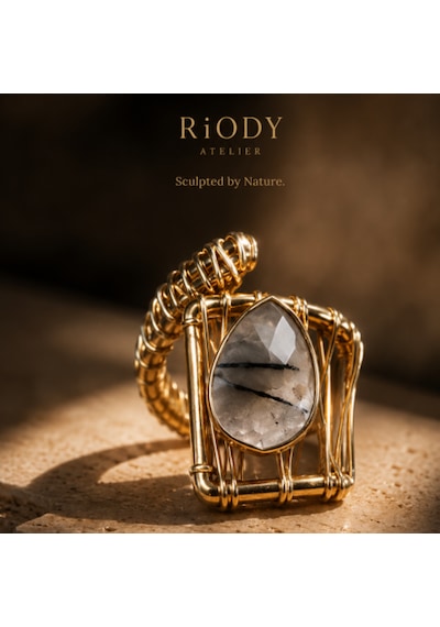 Riody Atelier El Yapımı Doğal Taş Yüzük Gold Tasarım Kadın Yüzük Sarı