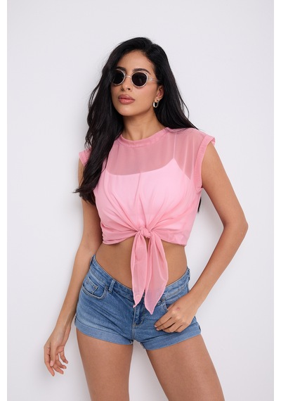 By Papi Önü Bağlamalı Tül Bluz Toz Pembe