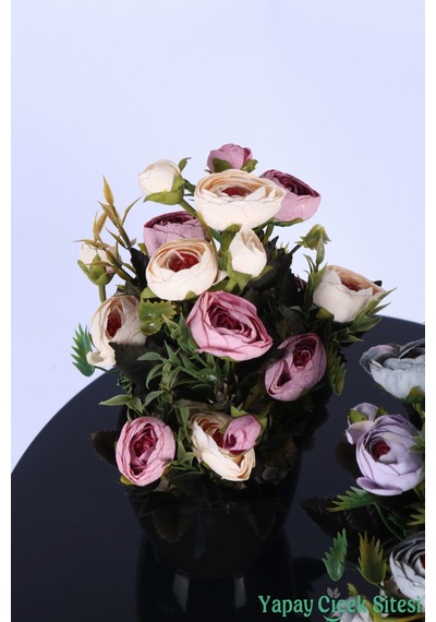 Yapay Çiçek Sitesi Plastik Saksıda Yapay Tomurcuklu Ranunkulus Tanzimi 2'li Set 30 Cm Pembe Krem - Lila