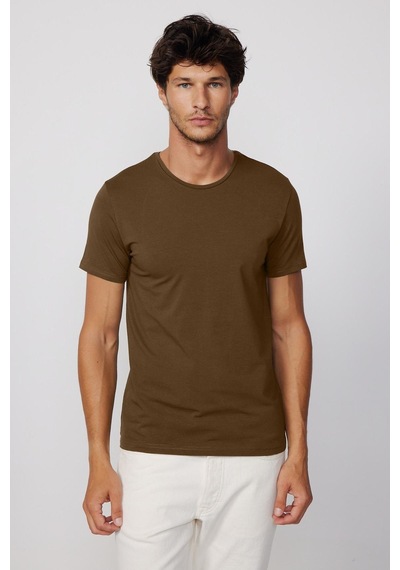 Tudors Erkek Slim Fit Dar Kesim Pamuklu Yumuşak Doku Likralı Esnek Kumaş Kahverengi Bisiklet Yaka Tişört-35592 Kahverengi