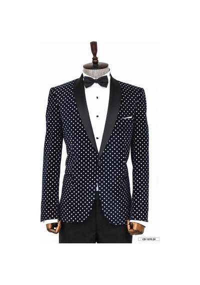 Wessi Nokta Desenli Slim Fit Lacivert Erkek Smokin Ceket Lacivert
