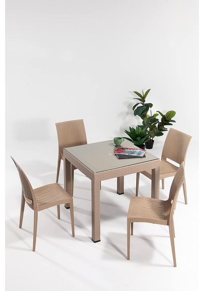 Rattan Small Camlı Cappucino Masa Takımı Bahçe&balkon 1 Camlı Masa + 4 Sandalye