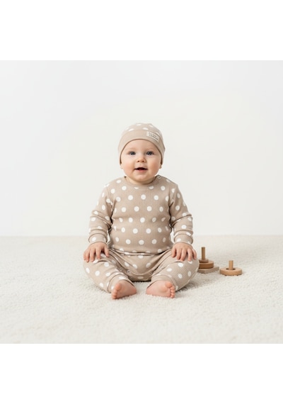 Ürünya Unisex Bebek Çocuk Pamuklu Uzun Kollu Puanlı Boydan Çıtçıtlı Tulum Kahverengi
