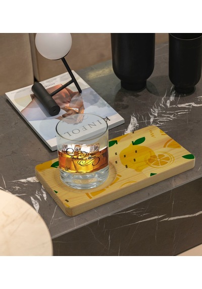 Kişiye Özel Limon Tasarımlı Doğal Ahşap Tabaklı Viski Bardağı Sun