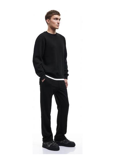 Koton Uzun Kollu Şardonlu Kumaş Detaylı Bisiklet Yaka Sweatshirt Siyah 6wam70070mk Siyah