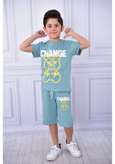 Veramoni Unisex Change Baskılı Çocuk Kısa Kol Yazlık Beli Lastikli Cepli Şort Alt Üst Takım Yeşil