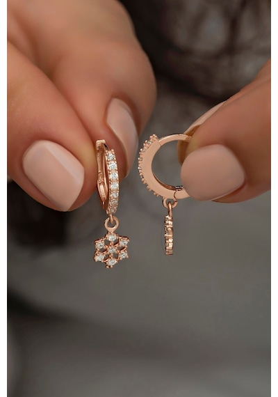 925 Ayar Gümüş Sallantılı Rose Zirkon Kartanesi Küpe Pembe Altın