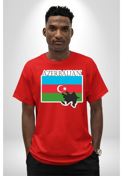 Azerbeycan Bayrak Ülke Pamuklu Bisiklet Yaka Unisex Oversize Boyfriend Dijital Baskılı Kırmızı T-shirt Kırmızı