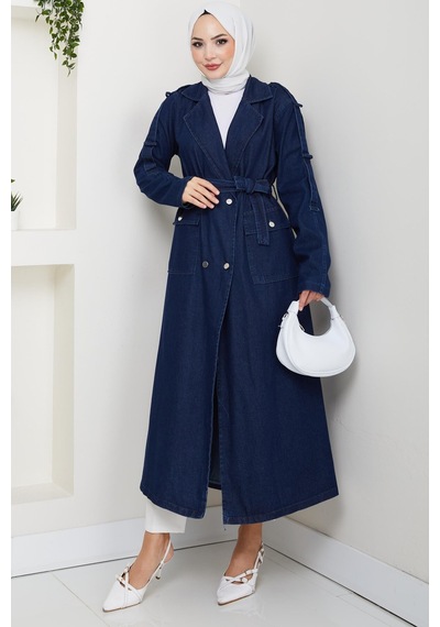Hb Harma Time Butik Kadın Cepli Kuşaklı Denim Lacivert Trençkot Lacivert Lacivert