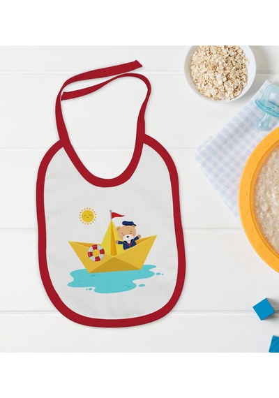BK Kids Sevimli Kaptan Tasarımlı Kırmızı Bebek Mama Önlüğü-1 Kırmızı