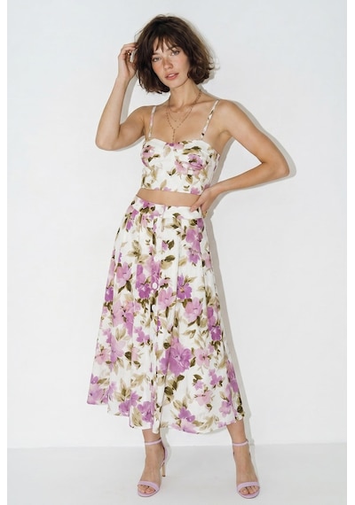 Kadın Çiçek Desenli Crop Bluz Ve Düğme Detaylı Midi Etek Takım 7697 60286365 - Ekru-mor