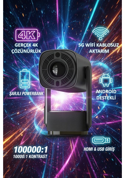 Şarjlı 4k Led Android Projektör 5g Wi-fi Powerbank Hdmı & Usb K2