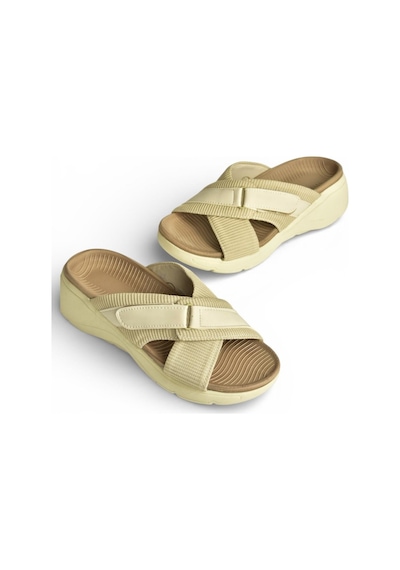 Fox Shoes Y973935004 Bej Kumaş Kalın Tabanlı Kadın Terlik Bej