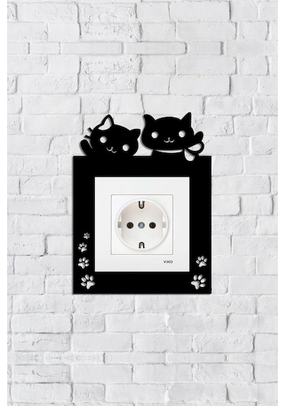 Sevimli Kedi Tasarım Priz Çerçevesi İç Ölçü 8,4x8,4 Cm Dekoratif Priz - Anahtar Çerçevesi Siyah