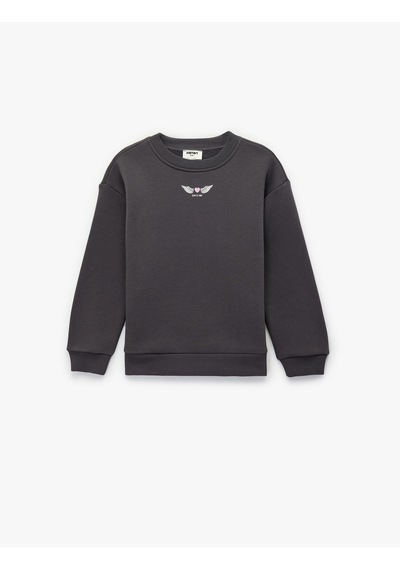 Koton Uzun Kollu Bisiklet Yaka Baskılı Şardonlu Sweatshirt Antrasit 6wkg10403ak