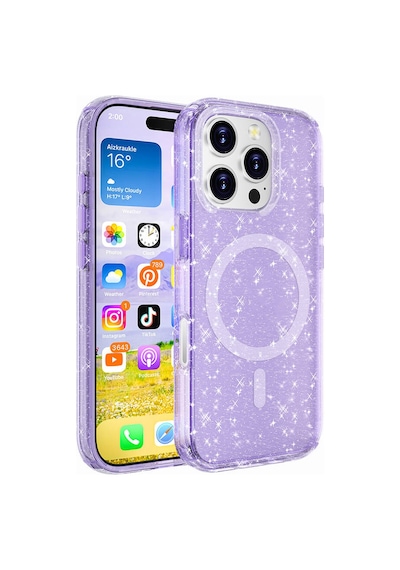 Apple Uyumlu iPhone 16 Pro Max Kılıf M-safe Şarj Özellikli Parlayan Simli Saydam Renkli Zore Allstar Kapak Mor