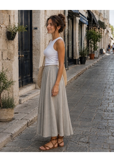 Eren Style İtalyan Beli Lastikli Kloş Etek Bej