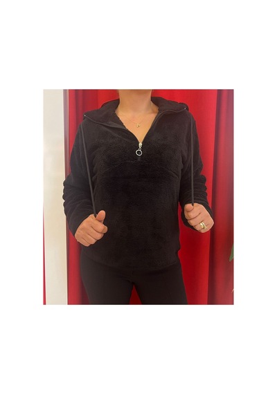 Rouge Basic Kapşonlu Yarım Fermuar Peluş Sweat Siyah