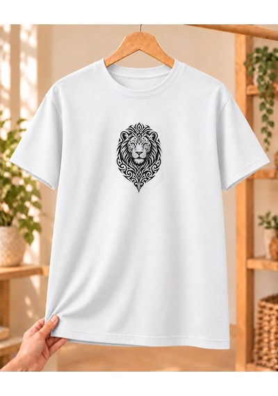Mor Mürekkep Ornamental Aslan Başı Baskılı Tişört Beyaz