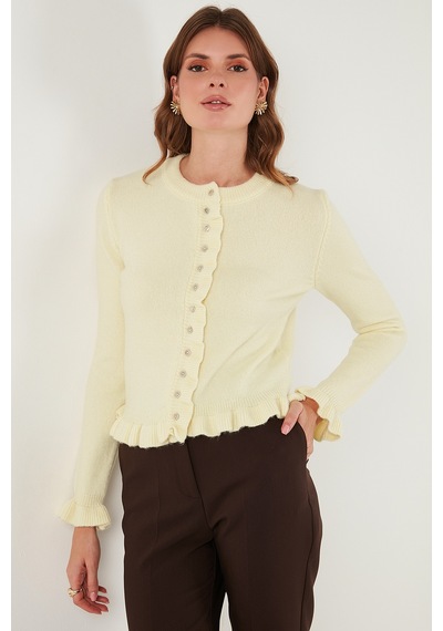 Lela Premium Pile Detaylı Regular Fit Yuvarlak Yaka Triko Bayan Hırka 680Hi00038 Sarı