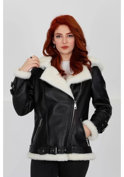 M M Marki Marki Siyah Kapüşonlu Hakiki Deri Kaban, Içi Beyaz Kürklü, Kemerli , Winter Elegance - 70 Cm - 103022