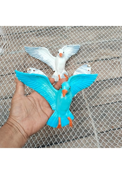 Dekoratif Duvar Süsü, Martı Ve Balık Figürlü, Turkuaz Ve Beyaz, 3 Parça Set Beyaz Çok Renkli