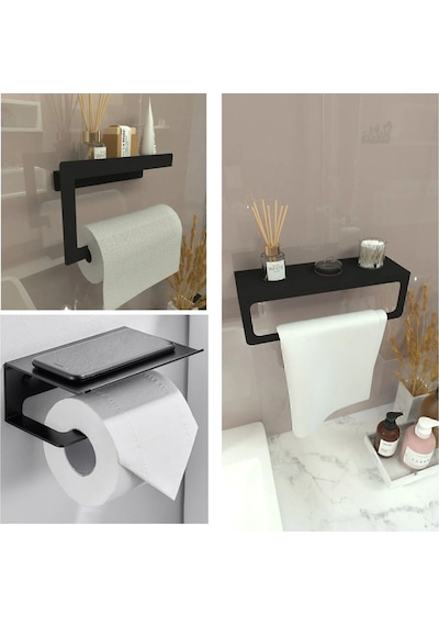 Dione Store Modern Metal 3'lü Set Raflı Banyo Havlu Askılığı Rulo Havlu Tuvalet Kağıtlık Banyo Organizer Krem