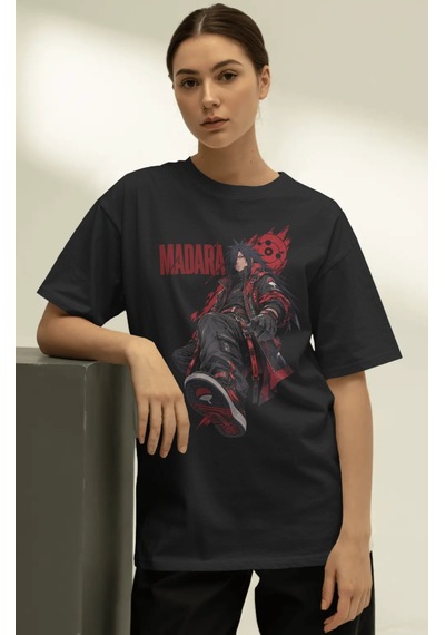 Unisex Oversize Madara Uchiha Naruto Anime Karakter Ön Baskılı Pr Siyah