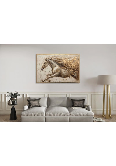 Yağlı Boya Dokulu Tablo Koşan Modern Beyaz At Altın Çerçeveli U04016-178930