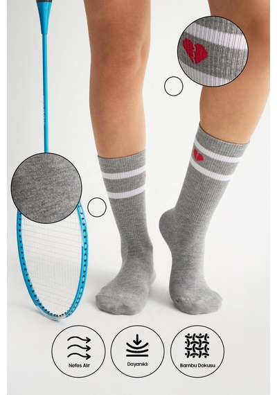 Bamboo Star Bambu Kadın Gri Kalp Desenli Tenis Çizgili Premium Kolej Çorabı Dikişsiz Soket Çorap 3'lü Paket