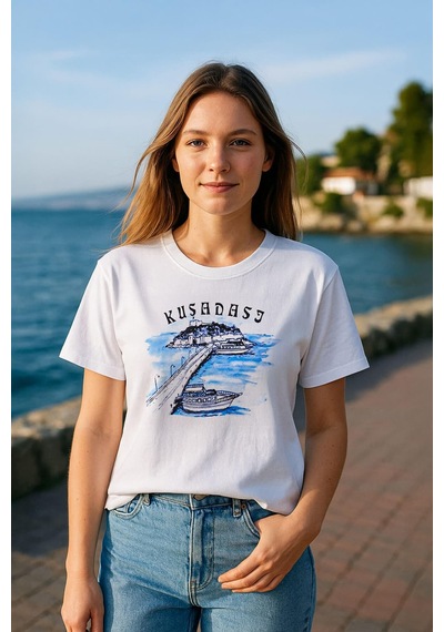 Markapia Kadın Bisiklet Yaka %100 Pamuk Mavi Kuşadası Baskılı Kısa Kollu T-shirt Çok Renk Çok Renkli