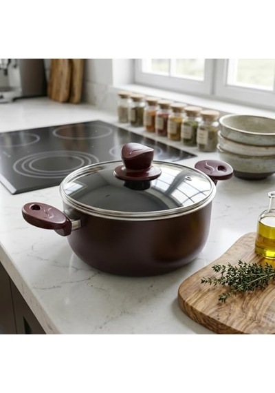Assos Derin Tencere - Bordo Renkli, Çift Çizgi Detaylı Cam Kapaklı Yanmaz Yapışmaz Tencere 20 Cm Ve 26 Cm Seçenekli 12v