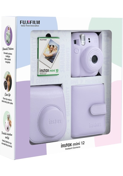 Fujifilm Instax Mini 12 Fotoğraf Makinesi + 10'lu Film Kare Albüm + Deri Kılıf Bundle Box Lila