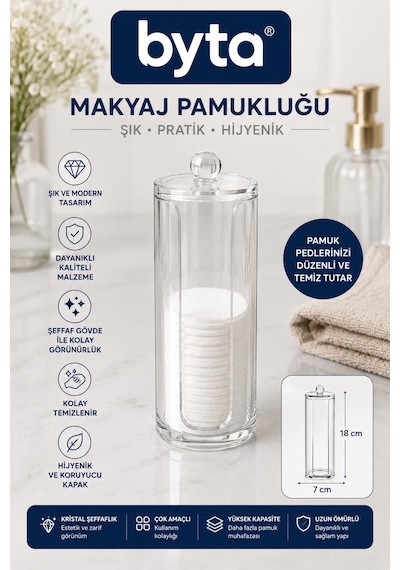 Şeffaf Kapaklı Makyaj Pamukluğu Pamuk Ped Düzenleyici Ve Banyo Organizer Kutusu Şeffaf