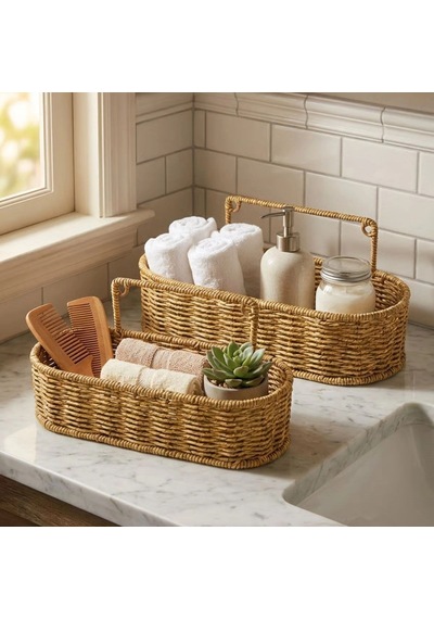 2 Li Duvar Askılı Plastik Rattan Organizer Oval Hasır Görünümlü Mutfak Raf Sepeti, Banyo Ve Ev İçi Düzen Renkli