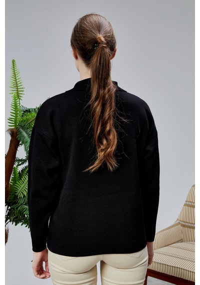 Kadın Polo Yaka Oversize Çiçek Nakışlı Triko Kazak Siyah Siyah