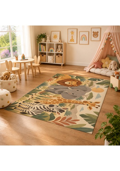 Kartela Halı Safari Dostları Çocuk Oyun Halısı Kaymaz Dot Taban Yıkanabilir 120 X 180 Cm
