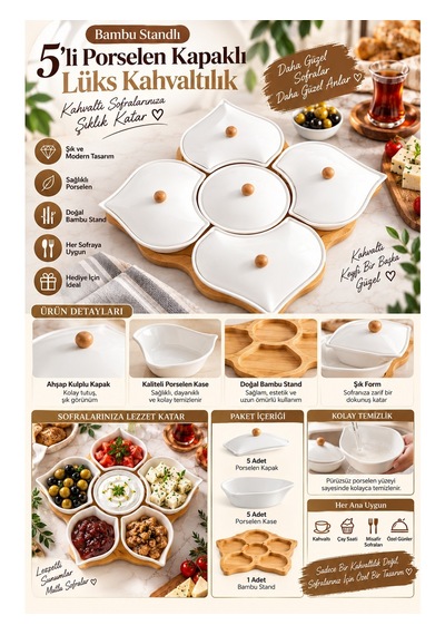 Bambu Standlı 5 Li Porselen Kapaklı Lüks Kahvaltılık Beyaz