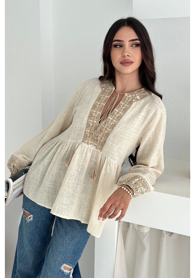 Asprin Fashion Etnik Desenli Bağlamalı Bluz Krem Asprin Fashion Etnik Desenli Bağlamalı Bluz Krem