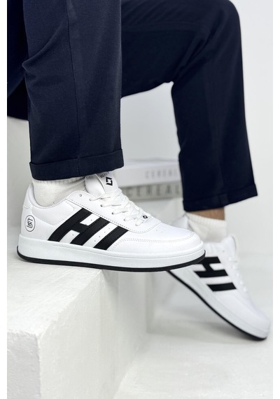 Papuç Sepeti 037 Erkek Rahat Taban Sneakers Spor Ayakkabı Beyaz-siyah
