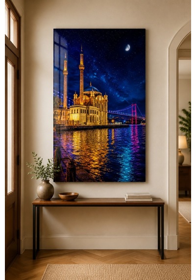 Ortaköy Camii Baskılı Cam Tablo Gece Boğaz Manzaralı Duvar Dekoru