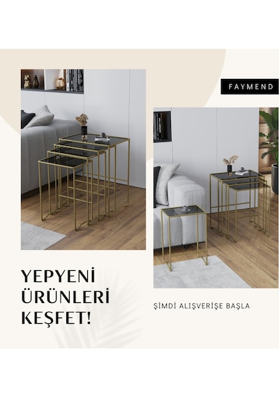Faymend Mimoza 4 Lü Zigon Sehpa, Metal Sehpa, Cam Sehpa ' Gold - Füme' Eskitme Gold - Füme Cam