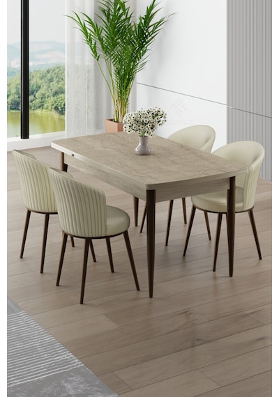 Canisa Asfel Serisi Mdf 77x130 Traverten Yandan Açılabilir Mutfak Masası Takımı 4 Krem Sandalye Traverten Masa Krem Sandalye