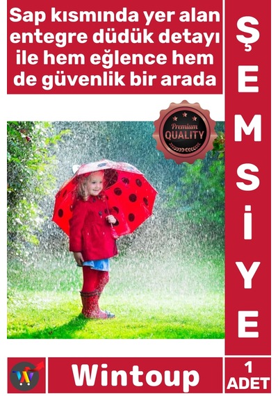 Wintoup Şemsiye 3d Kulaklı Kırmızı Benekli Su Geçirmez Güvenli Uğur Böceği Tasarımı Düdüklü Çocuk Şemsiyesi Çok Renkli
