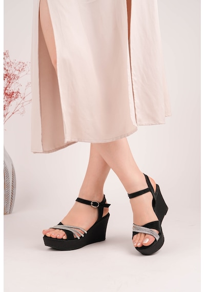Ramer Çapraz Taş Detaylı Siyah Dolgu Topuk Sandalet 9 Cm Platform Kum Kaplama