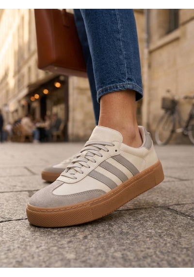 Potinonline 3020 Kadın Hakiki Deri Sneaker Ayakkabı Bej/gri
