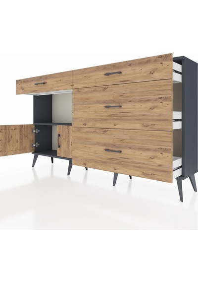Arges Konsol Tek Raflı 4 Çekmeceli 2 Kapaklı 176x30x99 Antrasit-ç Antrasit-çam