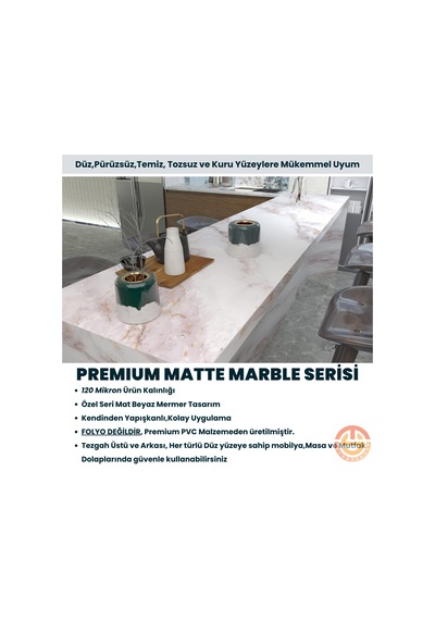 Technosmart 60x100cm Mermer Desen Kendinden Yapışkanlı Duvar Kağıdı Kaplama Mutfak Tezgeh Masa Folyo Beyaz 2