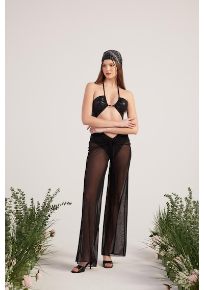 Holly Lolly Beli İp Detaylı Tül Pareo Shirred Pantolon Siyah