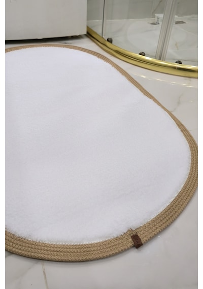 Kaymaz Taban Puffy Peluş Ultra Yumuşak 50x70 Cm Bordürlü Şık Tasarım, Suya Dayanıklı Banyo Paspası Beyaz-bej
